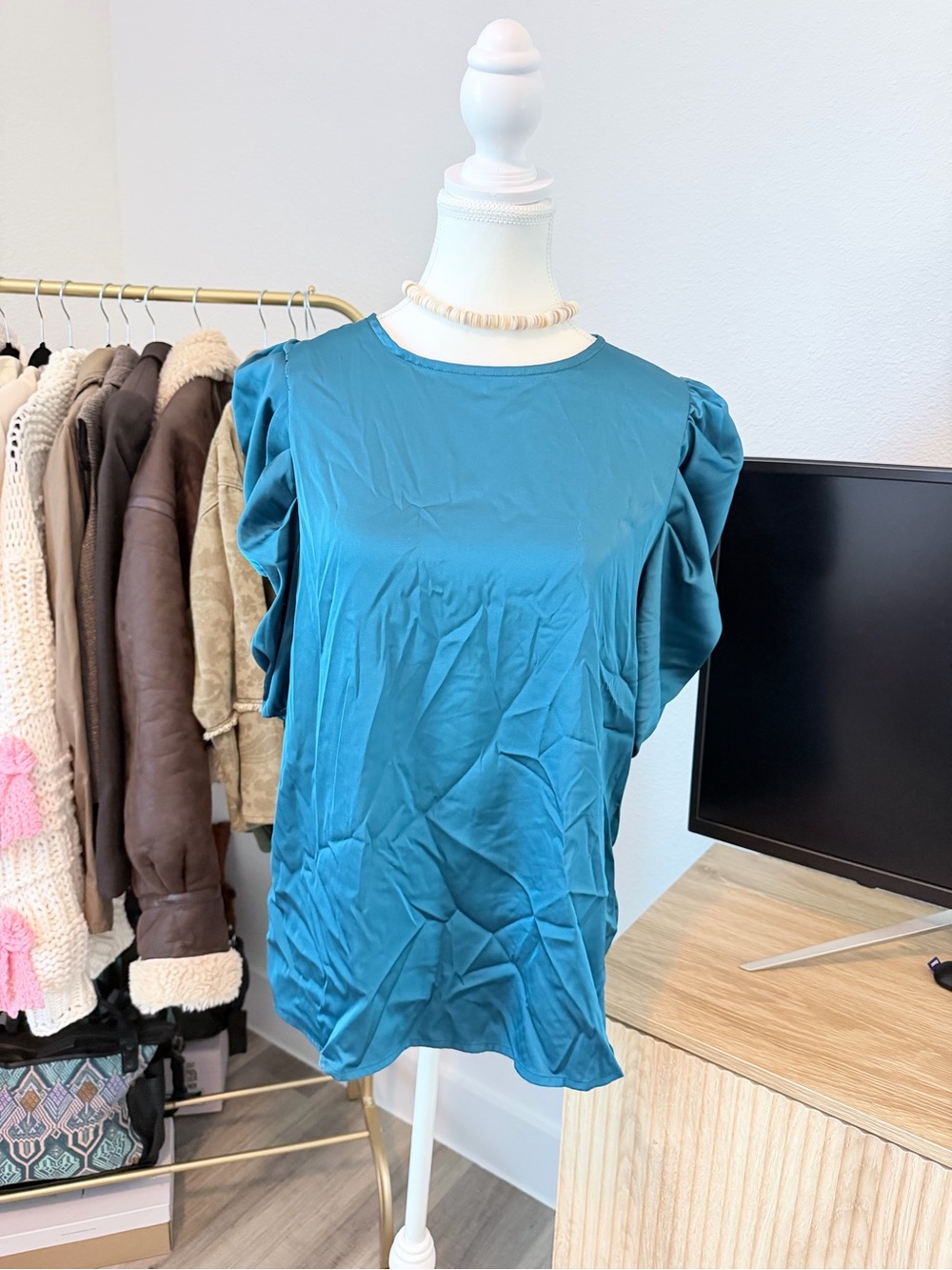 Teal Puff-Sleeve Women's Top